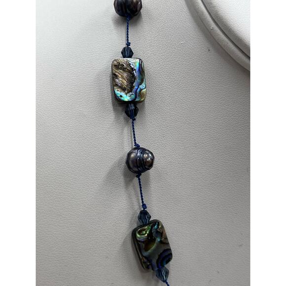 Peacock Keshi Abalone Mother of Pearl Blue Pearl Sterling Toggle Necklace - Picture 2 of 9
